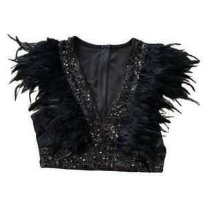Elegant Black Feather Embellished Top